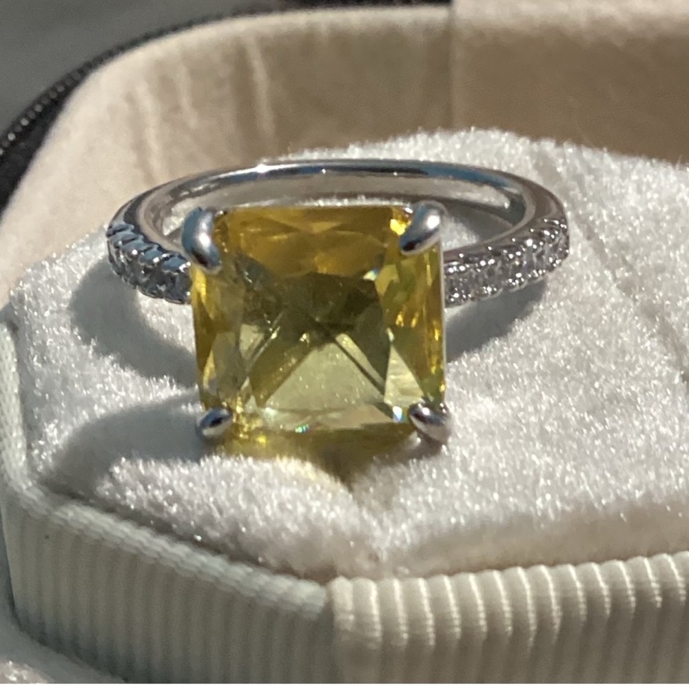 Solitaire Canary Yellow  CZ Diamond  Radiant Cut Pave” Silver Band